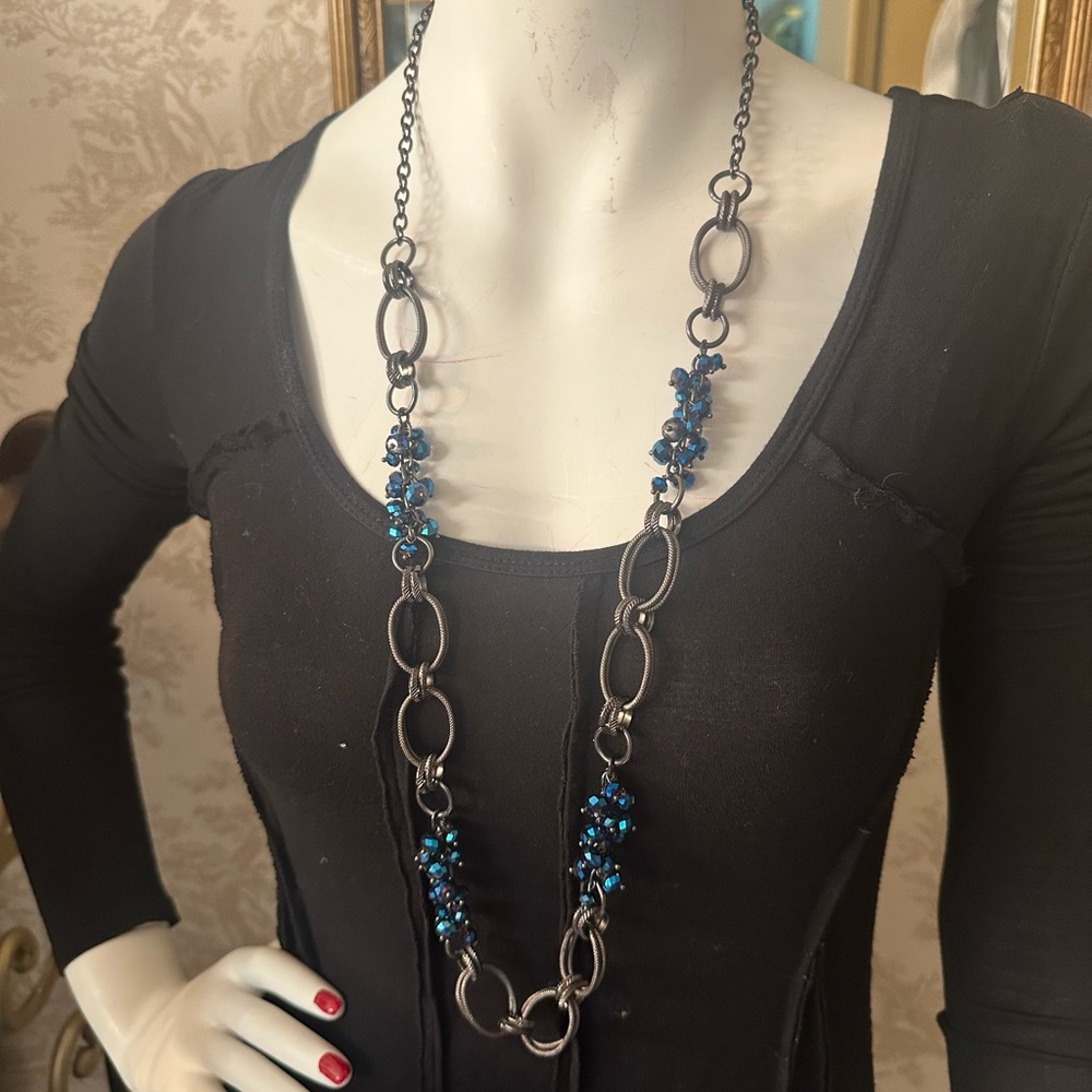 Grey metal and midnight blue bead long necklace